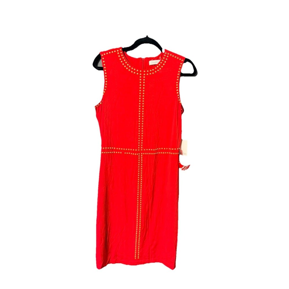 Calvin Klein Sleeveless Gold‎ Red Stud Midi Dress 8  Wedding Event Party Formal